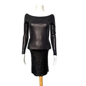 Yaya Aflalo Black Sequin Long Sleeve Dress Off Shoulders Size S Small Cotton